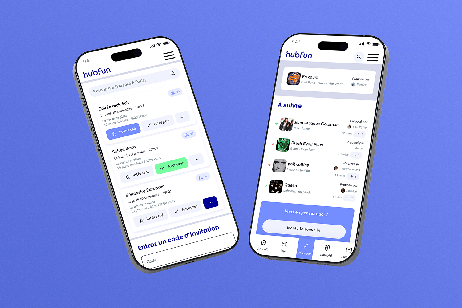 mockup of the Hubfun interface playlist and invites